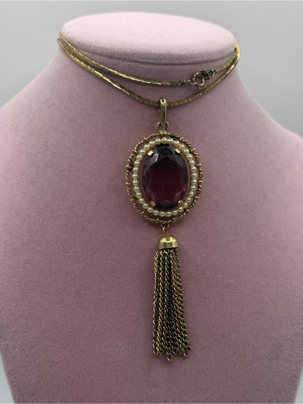 Vintage Avon Gold Pendant Necklace with Deep purple glass  Stone and Pearl Halo